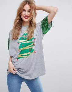 Футболка с пайетками на рукавах и принтом рождественской елки ASOS CHRISTMAS - Серый