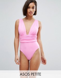 Слитный купальник с присборенным поясом ASOS PETITE - Розовый
