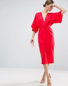 Платье миди в стиле кимоно с глубоким вырезом ASOS - Красный