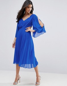 Плиссированное платье миди с вырезами по бокам ASOS - Синий