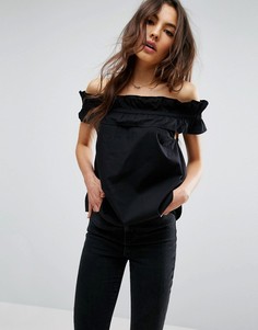 Хлопковый топ с открытыми плечами и сборками ASOS - Черный