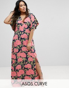 Темно-синее платье-кимоно макси с цветочным принтом ASOS CURVE - Мульти