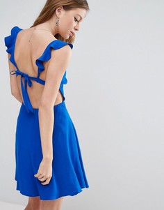 Короткое приталенное платье с оборками и завязкой на спине ASOS - Синий