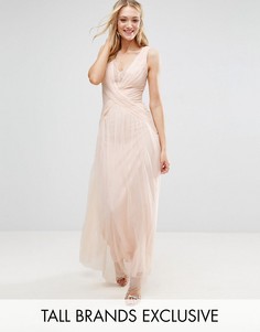 Плиссированное платье макси с запахом и кружевной отделкой Little Mistress Tall - Бежевый