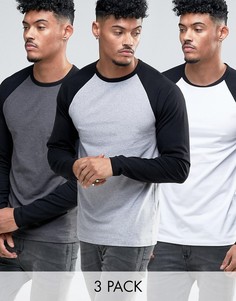 3 обтягивающих футболки с контрастными рукавами реглан ASOS - СКИДКА - Мульти