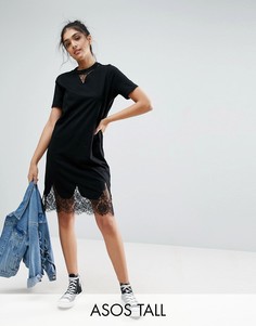 Платье-футболка с кружевной отделкой ASOS TALL - Черный
