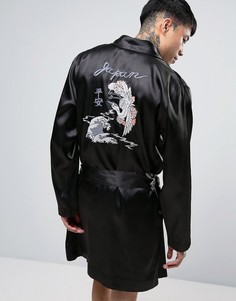 Атласный халат с вышивкой в японском стиле ASOS - Черный