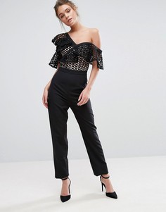 Асимметричный комбинезон с кружевом и оборками Dark Pink - Черный