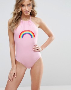 Слитный купальник с радугой в стиле колор блок Boohoo - Розовый