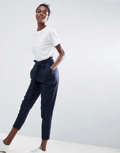 Льняные брюки со сборками на талии и поясом ASOS - Темно-синий