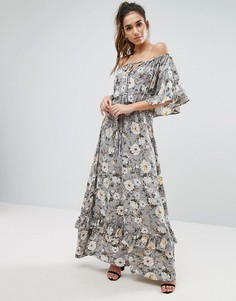 Платье макси с цветочным принтом и рюшами Boohoo - Серый