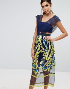 Three Floor Midi Dress with Embroided Skirt - Мульти