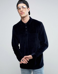 Темно-синяя велюровая футболка-поло с длинными рукавами ASOS - Темно-синий