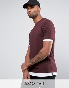 Длинная футболка с контрастными манжетами, краем и боковыми молниями ASOS - Красный