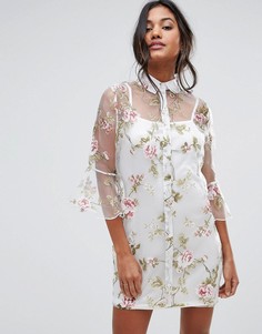 Boohoo Floral Organza Flute Sleeve Shirt Dress - Белый