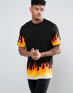 Длинная футболка с принтом пламени ASOS - Черный