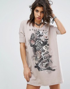 Платье-футболка с цветочным принтом в виде скелета Religion - Серый