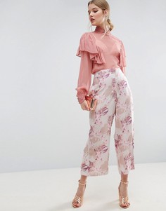 Укороченные широкие брюки с цветочным принтом и кнопками ASOS - Мульти