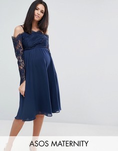 Кружевное платье миди с вырезами на плечах ASOS Maternity Occasion - Темно-синий