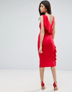 Платье миди с глубоким вырезом и рюшами на спине ASOS - Красный