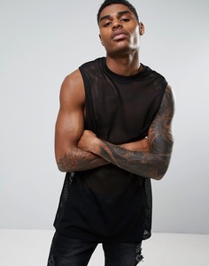 Черная длинная футболка без рукавов с низкими проймами ASOS - Черный