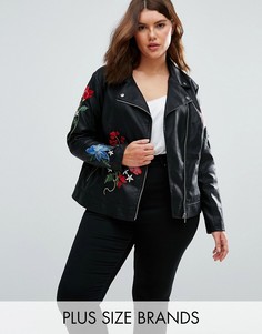 Куртка из искусственной кожи с цветочной вышивкой New Look Plus - Черный