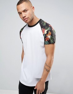 Удлиненная футболка с цветочным принтом на рукавах реглан ASOS - Белый
