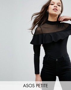 Топ с сеточкой и оборкой ASOS PETITE - Черный