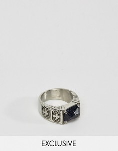 Кольцо с черным камнем и крестиками Reclaimed Vintage Inspired - Серебряный