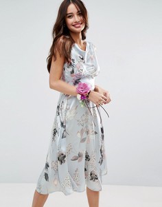 Атласное платье миди в стиле 40-х с розами ASOS WEDDING - Мульти