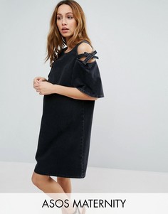 Джинсовое цельнокройное платье с открытыми плечами и бантами ASOS MATERNITY - Черный