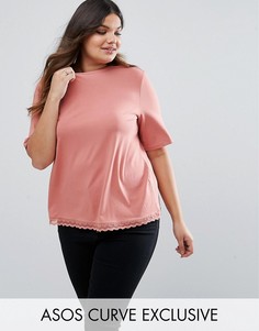 Длинная футболка с кружевом по низу ASOS CURVE - Розовый