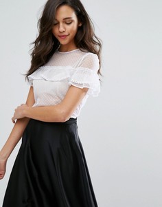 Сетчатый топ в горошек с рюшами Miss Selfridge - Белый
