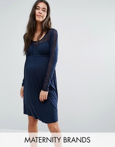 Свободное платье с длинными рукавами и кружевом Mamalicious - Темно-синий Mama.Licious