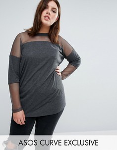 Длинный топ в рубчик с сетчатыми вставками ASOS CURVE - Серый