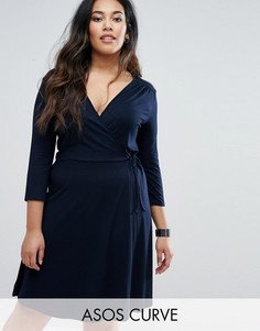 Чайное платье миди с запахом и рукавом 3/4 ASOS CURVE - Темно-синий