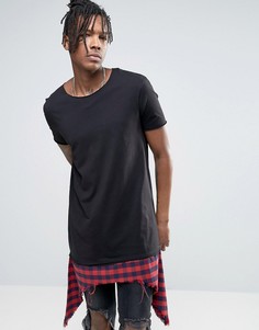 Длинная футболка с рваной вставкой в клетку на нижней кромке ASOS - Черный