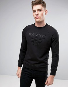 Черный классический свитшот с круглым вырезом и тисненым логотипом Armani Jeans - Черный