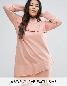 Трикотажное цельнокройное платье с рюшами ASOS CURVE - Розовый