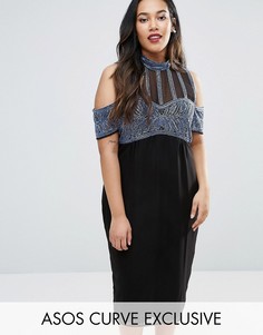 Платье миди с открытыми плечами и отделкой ASOS CURVE - Мульти