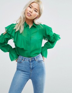 Деконструированная блузка с открытыми плечами, оборками и завязками ASOS - Зеленый