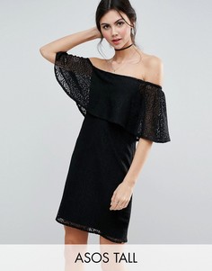 Кружевное платье с оборкой и открытыми плечами ASOS TALL - Черный
