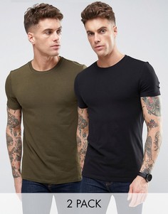 2 обтягивающие футболки с круглым вырезом (зеленая/черная) ASOS - СКИДКА - Мульти