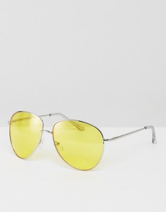 Солнцезащитные очки-авиаторы в серебристой металлической оправе с желтыми стеклами ASOS - Серебряный