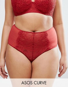 Трусики с завышенной талией и мелкой бахромой на кружеве ASOS CURVE Ferne - Красный