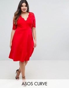 Приталенное платье миди с кружевным топом ASOS CURVE - Красный