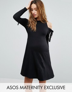 Платье с открытыми плечами, завязками и длинными рукавами ASOS Maternity - Черный