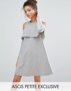 Трикотажное платье с вырезами на плечах и оборкой ASOS PETITE - Серый