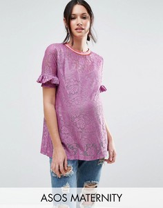 Кружевная футболка с оборками на рукавах и окантовкой в полоску ASOS Maternity - Фиолетовый
