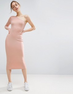 Облегающее платье миди в рубчик на одно плечо ASOS - Розовый